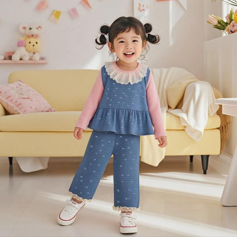 キッズ 女の子 ベビー 春秋 セットアップ 総柄リボン デニムベスト 長袖トップス ロングパンツ 3点セット おしゃれ かわいい 韓国風 カジュアル 綿 柔らか 普段使い