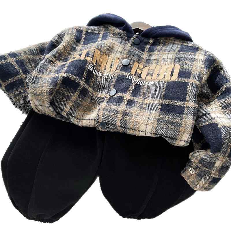 セットアップ 男の子 ベビー キッズ 子供服 秋冬 フード付き プリント チェック アルファベット柄 前開き シャツ トップス 綿 コットン 韓国風 おしゃれ かわいい 普段着 ルームウェア レッド ネイビー