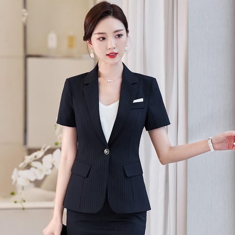レディース スカートスーツ 春夏 半袖 ストライプ柄 ビジネス オフィス 制服 フォーマル エレガント スタイリッシュ 通勤 ホテル受付 宝飾店 セットアップ