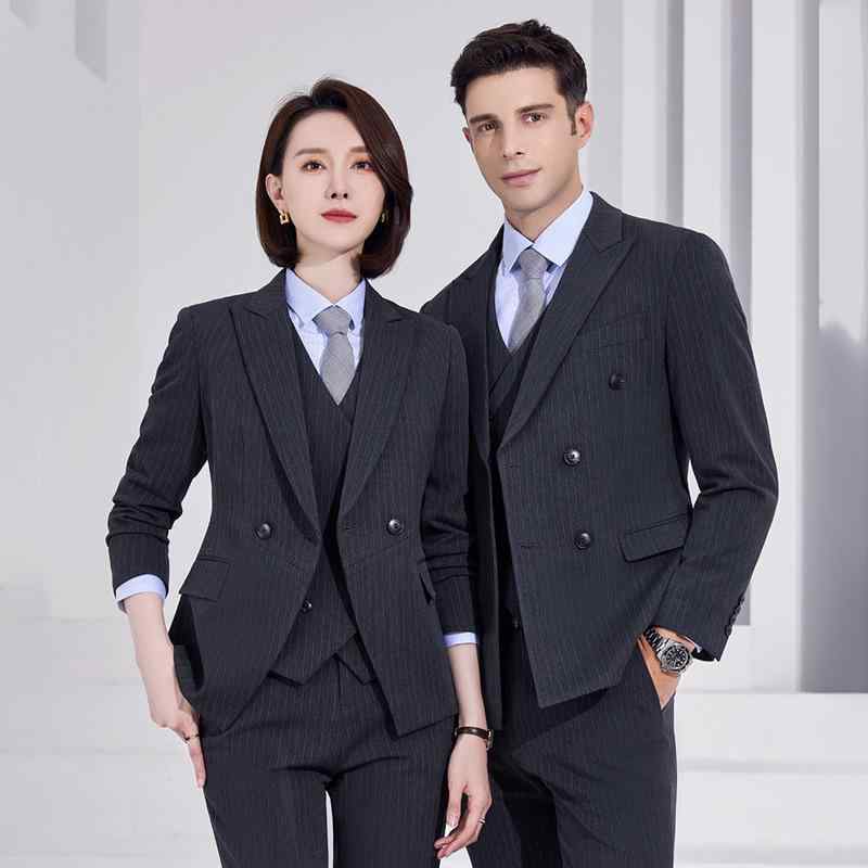 スーツ メンズ 高級感 グレー ストライプ セットアップ ジャケット ベスト スラックス ビジネス オフィス 通勤 フォーマル 制服 ポリエステル 混紡 防シワ|あじゅり