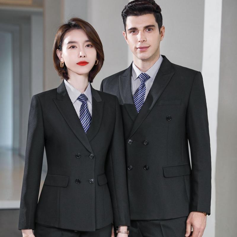 スーツ 男女兼用 ユニセックス ダブルボタン ストレッチ 伸縮性 スリムフィット 細身 ビジネス オフィス 事務服 通勤 フォーマル セットアップ ジャケット 黒 紺