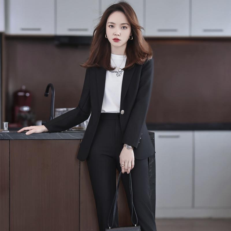 セットアップ レディース 秋冬 韓国風 ビジネス フォーマル スーツ ジャケット ロングパンツ 2点セット 通勤 オフィス 仕事 正装 きれいめ 上品 エレガント ポリエステル レーヨン素材 黒 紺 カーキ