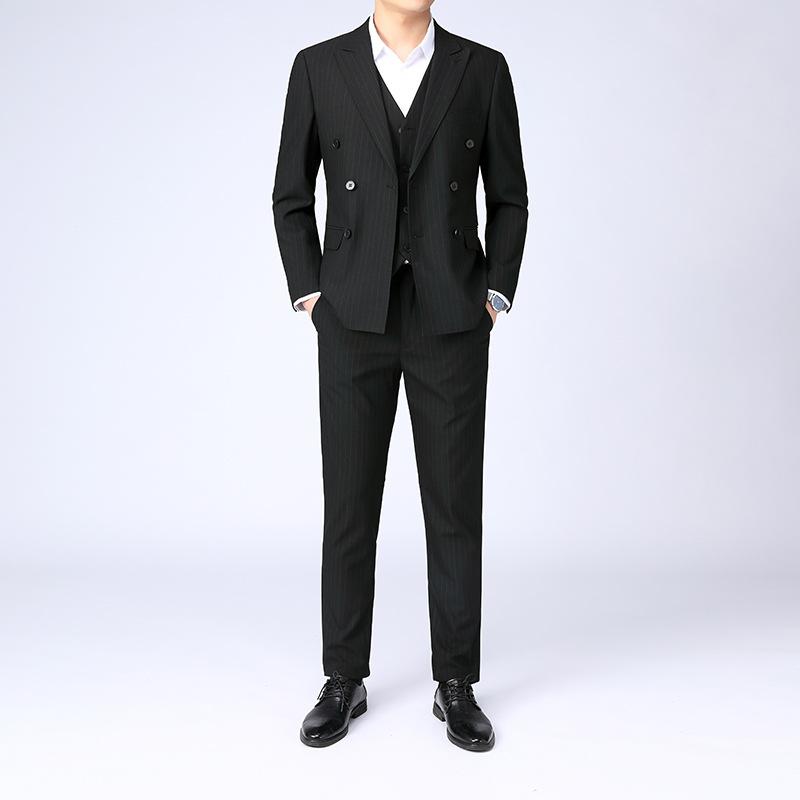 スーツ メンズ 男性用 春秋 ビジネス カジュアル スリーピース セットアップ スリムフィット ストライプ 薄手 軽量 ポリエステル 黒 スタイリッシュ おしゃれ
