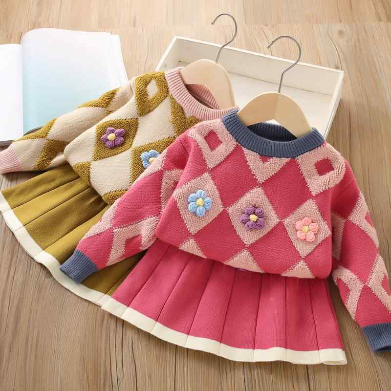 キッズ 女の子 ニット セットアップ 秋冬 花柄 配色 長袖 2点セット 韓国ファッション オルチャンスタイル かわいい カジュアル 柔らかい 肌触り アクリル素材