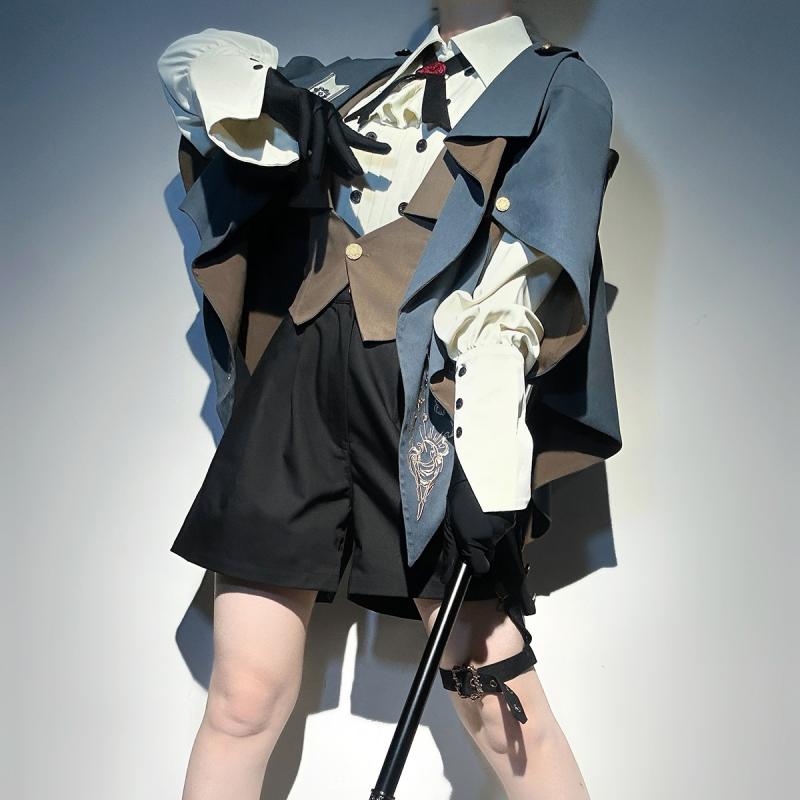 セットアップ レディース ロリータ オリジナル 叙事詩 ポンチョ ケープ ベスト ジレ ブラウス シャツ ショートパンツ 短パン プルオーバー 長袖 ランタンスリーブ シャツ襟 無地 ポリエステル レトロ 日常使い 普段使い 秋冬