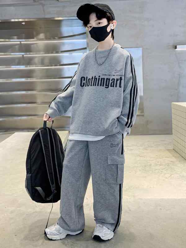 セットアップ キッズ 男の子 ジュニア 春秋 長袖 長ズボン 上下2点セット スポーツウェア カジュアル 普段使い 綿素材 おしゃれ スタイリッシュ ブラック グレー