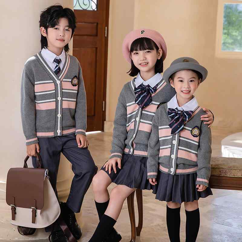 スクールウェア キッズ 男女兼用 幼稚園 小学生 通学服 ブリティッシュ カレッジスタイル 制服 上品 フォーマル 3点セット 春秋 長袖 ニットカーディガン 綿 ソフト グレー