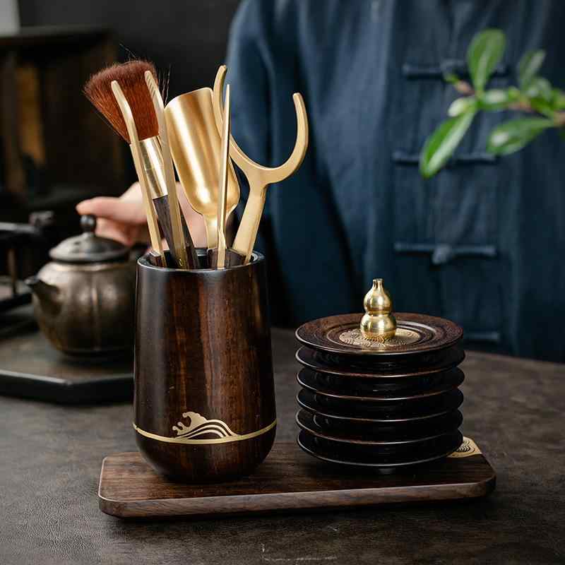 茶道具 茶道六君子 セット 無垢材 黒檀 銅製 ステンレス製 功夫茶器 茶具一式 茶挟み 道具立て 茶杯敷き コースター 日式 和モダン 高級感 来客用 おしゃれ