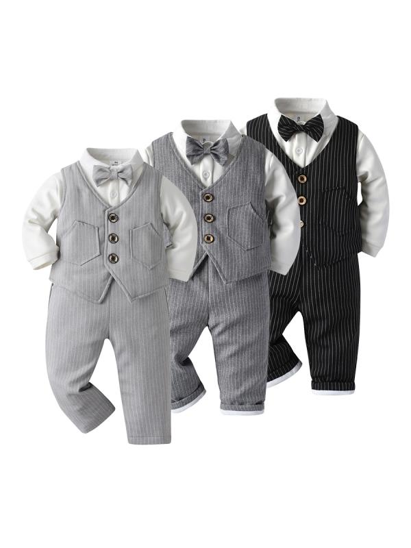 キッズ 男の子 3点セット 長袖 厚手 裏起毛 コットン ストライプ柄 ブリティッシュ 秋冬 防寒 カジュアルウェア 普段使い 部屋着 ブラック 4,460円
