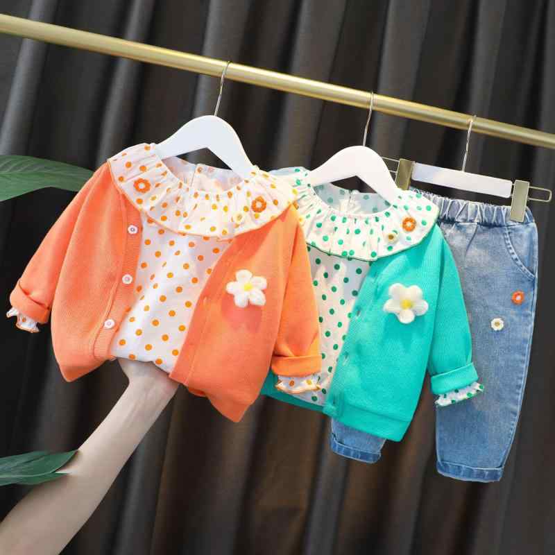 キッズ ベビー服 女の子 女児 0歳から4歳 3点セット 春秋 長袖 トップス ロングパンツ 韓国ファッション おしゃれ カジュアル 花柄 ドット柄 コットン ニット 柔らかい