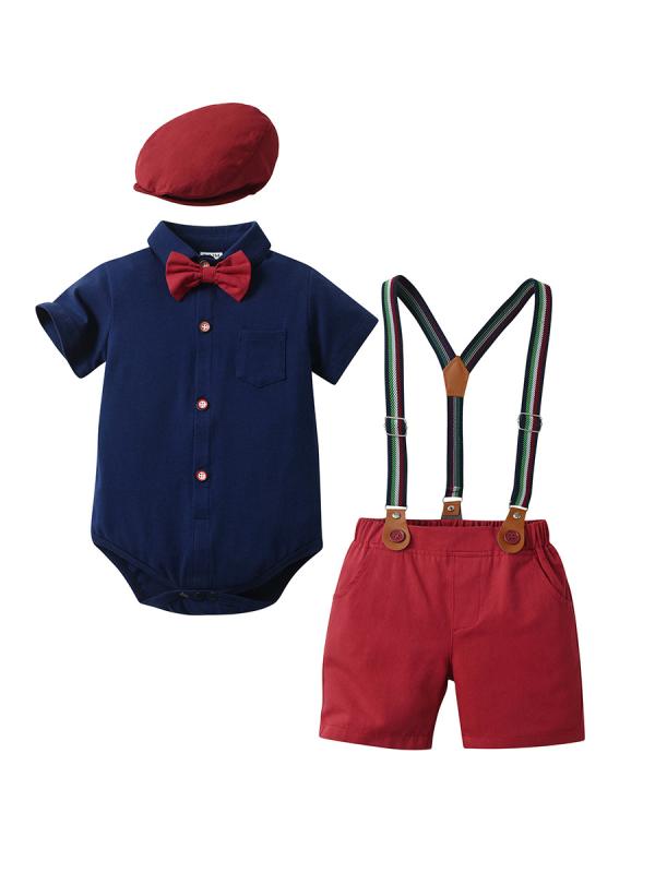 ベビー服 男の子 半袖 ロンパース サロペット ショートパンツ 3点セット 綿 コットン 柔らかい カジュアル 欧米風 かわいい 春夏 赤ちゃん 子供服