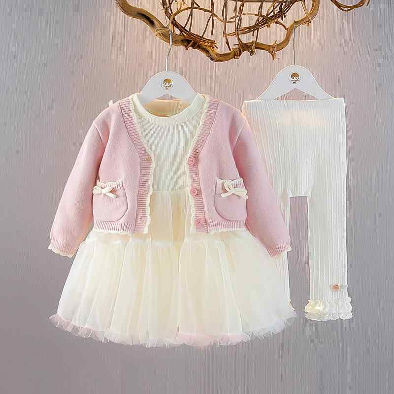 ワンピース ベビー 女の子 乳幼児 春秋 ピンク 長袖 ニットワンピース チュールスカート 3点セット かわいい プリンセス風 ガーリー おしゃれ 上品 綿 お出かけ 普段使い