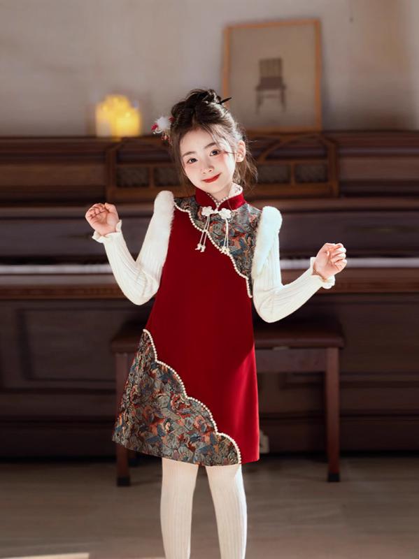 キッズ 女児 チャイナドレス ワンピース ベスト 新中華風 2点セット 長袖 新年服 お祝い 華やか ワインレッド ポリエステル 秋冬 おしゃれ 発表会 お正月 イベント