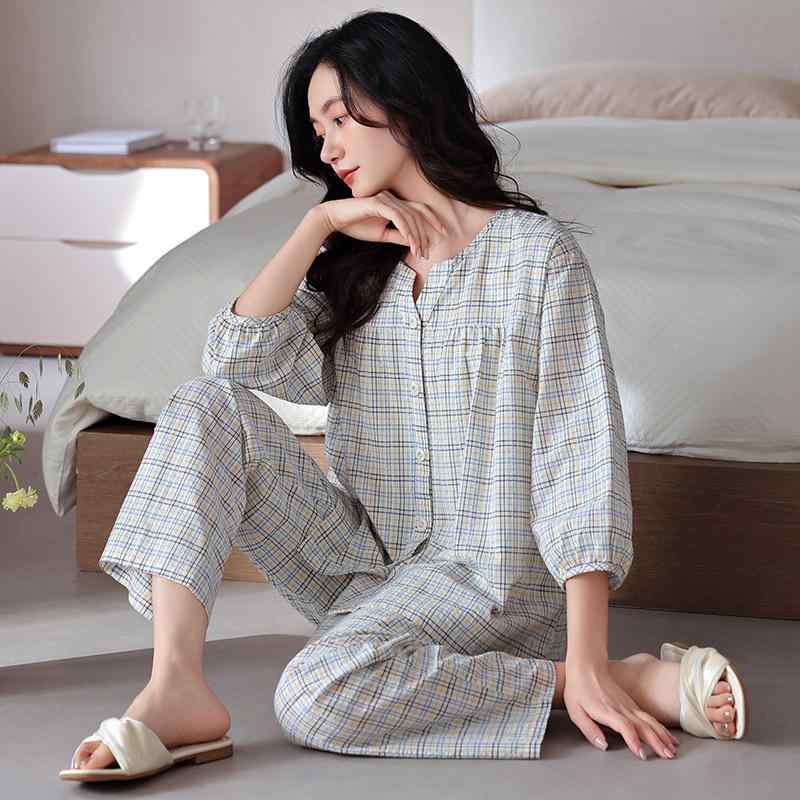 ルームウェア パジャマ セット レディース 女性用 綿 コットンガーゼ 薄手 前開き Vネック 七分袖 九分丈パンツ ゆったり 大きいサイズ 部屋着 寝巻き リラックス 抗菌 快適