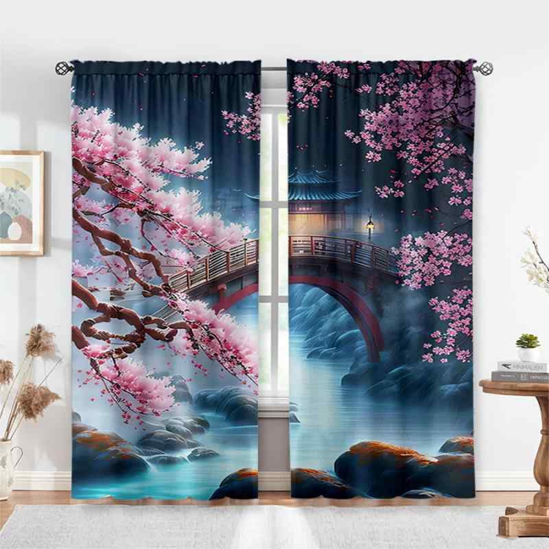 カーテン ゲーミング 桃の花 鵲橋デザイン 幻想的 中華風 2枚セット 高画質プリント 半遮光 ポリエステル リビング 寝室 子供部屋 窓飾り 多色