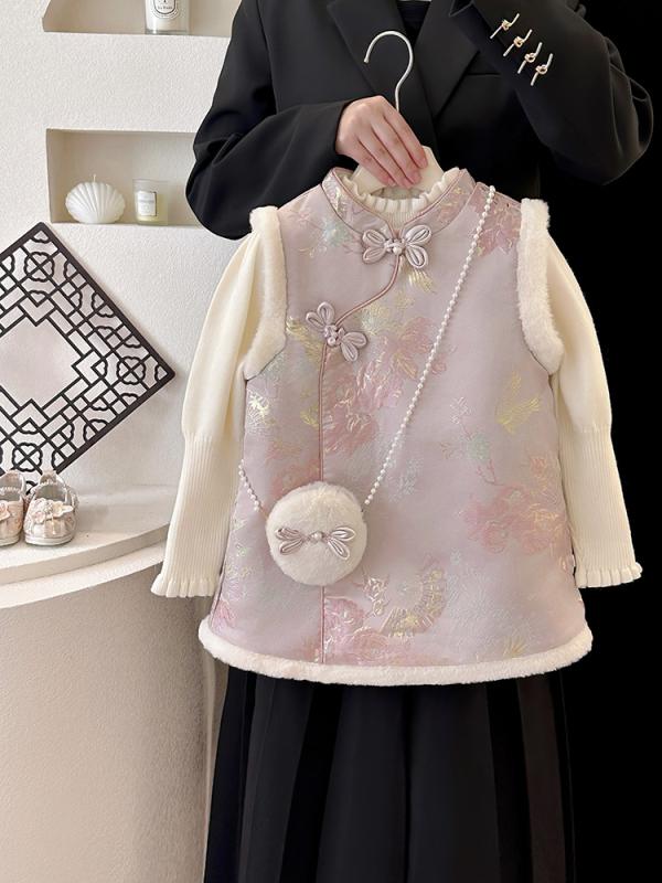 チャイナドレス キッズ 女の子 ワンピース ドレス ベスト ジレ アンサンブル 秋冬 厚手 暖か おしゃれ 上品 漢服 中国風 お正月服 発表会 イベント サテン ポリエステル ピンク