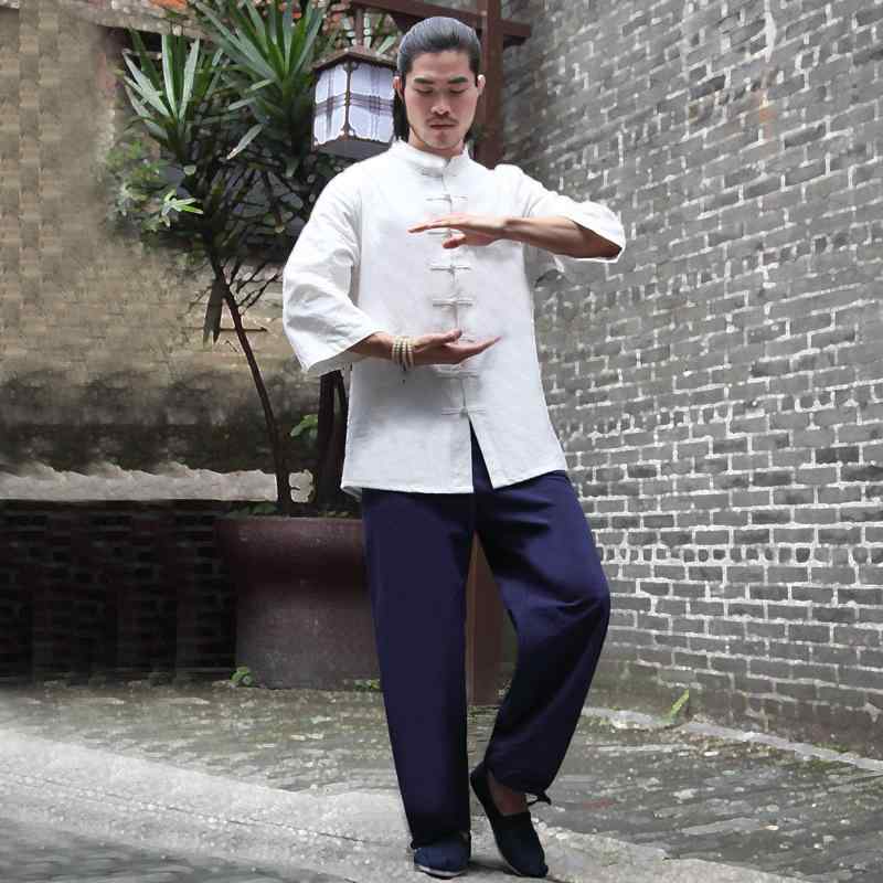 ヨガウェア 男性用 秋冬 白 綿麻 セットアップ コットンリネン 太極拳ウェア 瞑想着 リラックスウェア 禅スタイル 部屋着 普段使い 通気性 肌触り良い 作務衣風