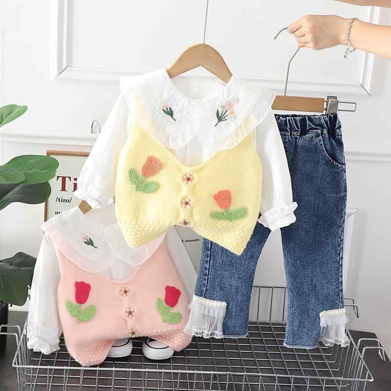 キッズセットアップ 女の子 春秋 花柄 シャツ セーター ベスト 3点セット かわいい 綿混 長袖 長ズボン やわらかい肌触り カジュアル お出かけ 普段使い おしゃれな子供服