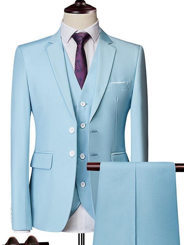 スーツ メンズ 男性用 スリーピース セットアップ ビジネス カジュアル フォーマル 礼服 オフィス 結婚式 披露宴 パーティー 韓国風 スリムフィット 細身 シングル2つボタン 無地 綿混 再生繊維 オールシーズン
