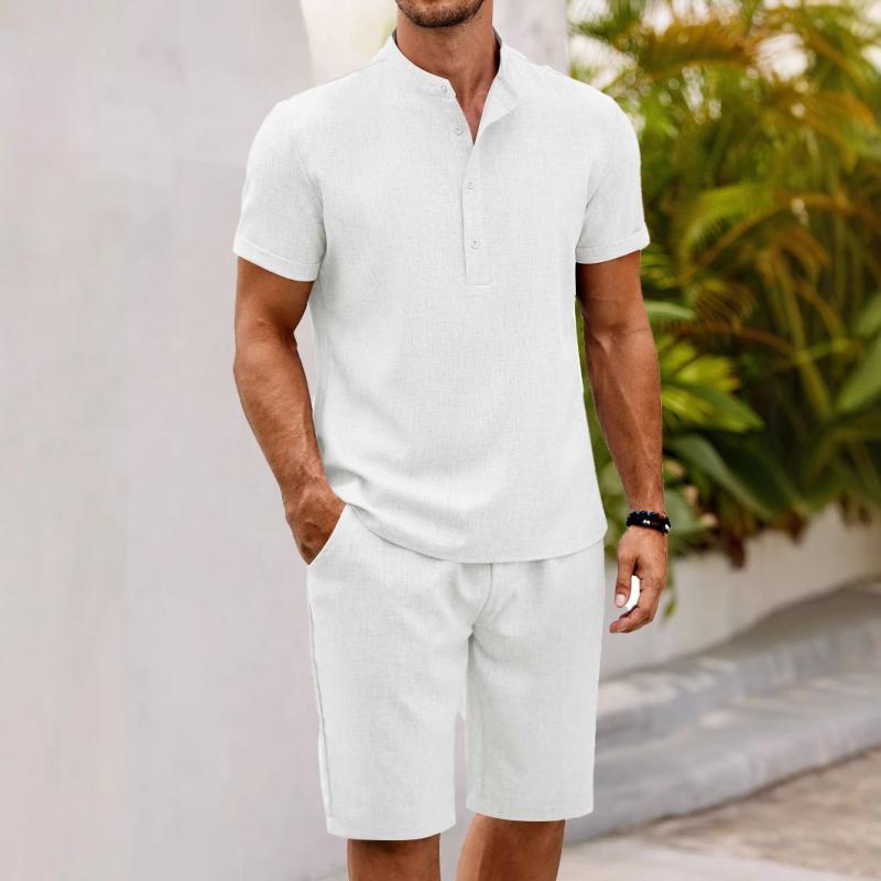 セットアップ メンズ 春夏 カジュアル リラックス スポーツウェア ヘンリーネックシャツ 半袖 Tシャツ ショートパンツ ハーフパンツ ポリエステル 吸湿速乾 軽量 デイリー 普段使い ホワイト