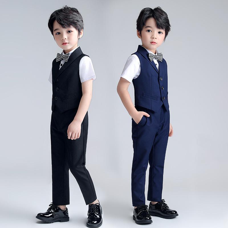 キッズ 男の子 スリーピース セットアップ ベスト パンツ フォーマル 無地 韓国風 紳士 発表会 演奏会 結婚式 パーティー 七五三 卒業式 入学式 記念撮影 春夏秋 ポリエステル混紡 柔らかい ピンク ブルー ネイビー ブラック