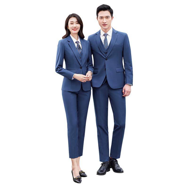スーツ セットアップ 男女兼用 ビジネス フォーマル オフィス 制服 通勤 営業 接客 ミドル丈 細身シルエット ブルー ポリエステル混紡 シワになりにくい イージーケア 通年