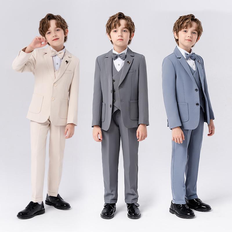 キッズ 男の子 フォーマルスーツ ピアノ発表会 演奏会 司会 舞台 衣装 ブリティッシュスタイル 無地 シングルボタン 長袖 ロングパンツ ポリエステル 春秋 セットアップ