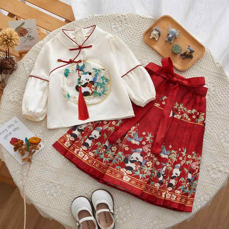キッズ 女の子 ベビー 春秋 馬面スカート 漢服風 セットアップ 2点セット 新中華風 レトロモダン 幼児服 お出かけ カジュアル ポリエステル素材 アプリコットベージュ