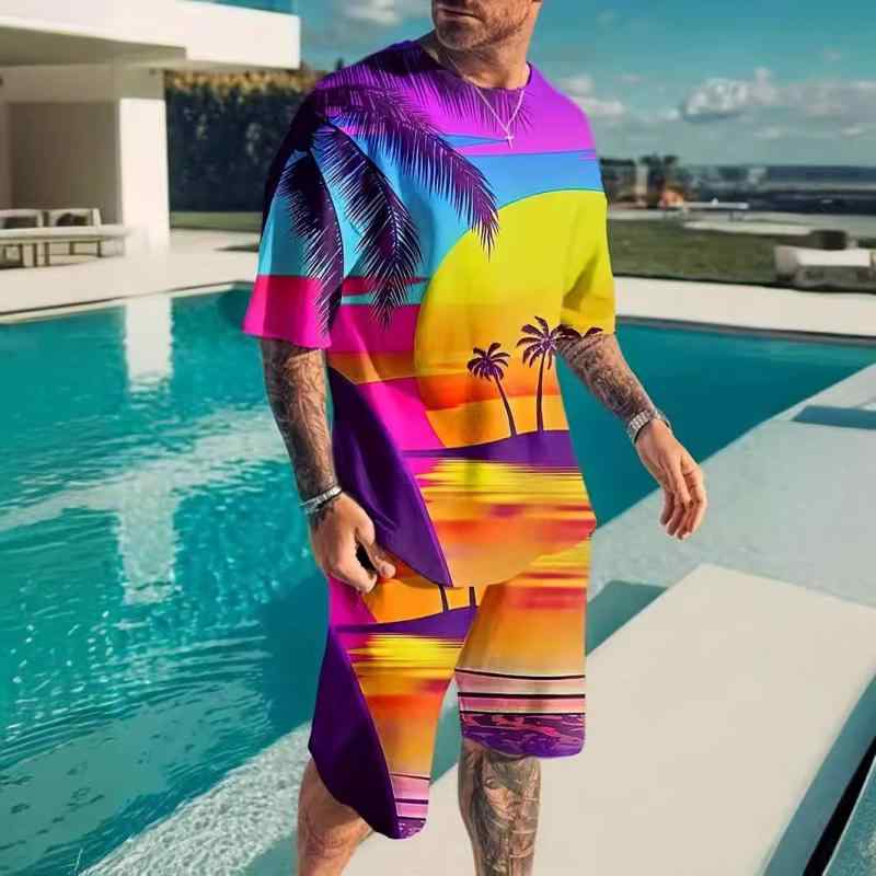 Tシャツ セットアップ メンズ 男性用 春夏 カジュアル スポーツ アクティブ デジタルプリント 半袖 ショートパンツ ハーフパンツ ポリエステル