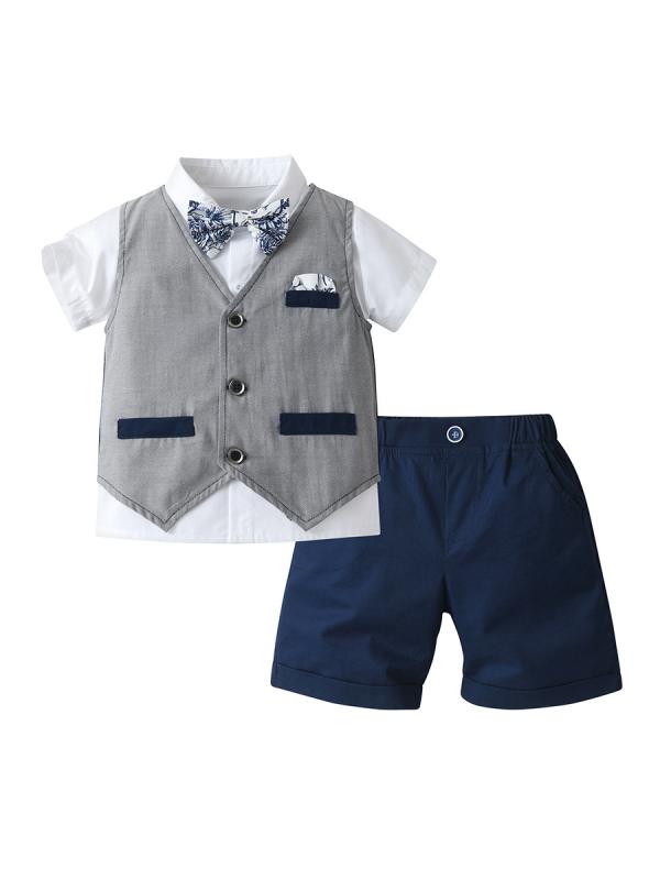 子供服 男の子 ベビー 乳幼児 半袖 ベスト ショートパンツ スリーピース セットアップ 英国風 紳士服 蝶ネクタイ付き コットン 夏物 お出かけ カジュアル フォーマル おしゃれ 可愛い