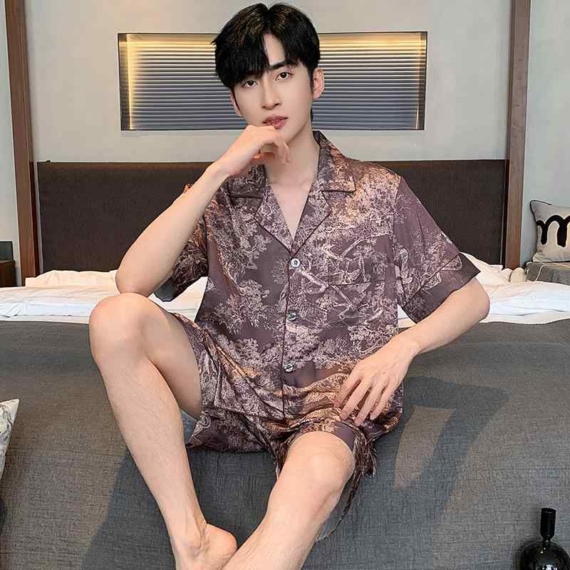 パジャマ メンズ 男性用 水墨画風 新中国風 チャイナ風 アジアンテイスト 接触冷感 サテン調 シルク調 薄手 軽量 半袖 短パン セットアップ ルームウェア 部屋着 ホームウェア 春夏