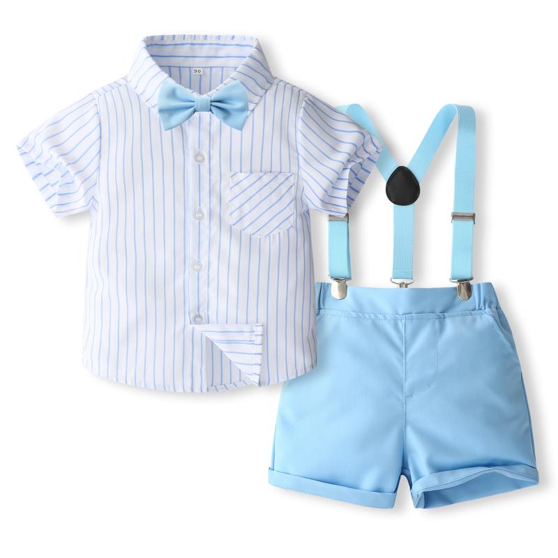 キッズ 男の子 春夏 スカイブルー ブリティッシュスタイル ストライプ柄 半袖 シャツ ショートパンツ 蝶ネクタイ フォーマルウェア 入学式 発表会 ポリエステル 3点セット セットアップ
