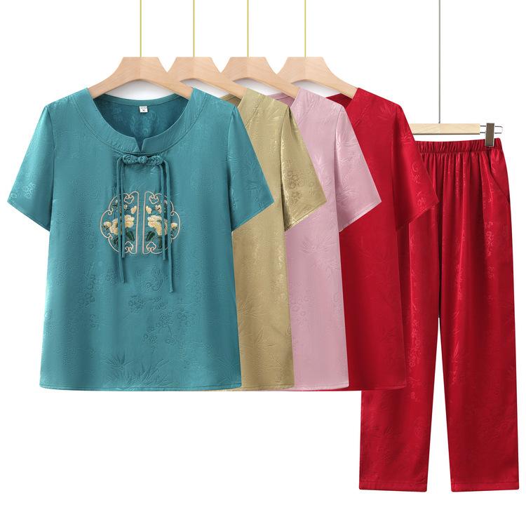 セットアップ レディース マダム 春夏 新中華風 Tシャツ 九分丈パンツ シニア 大きいサイズ ゆったり 薄手 上品 花柄 普段使い