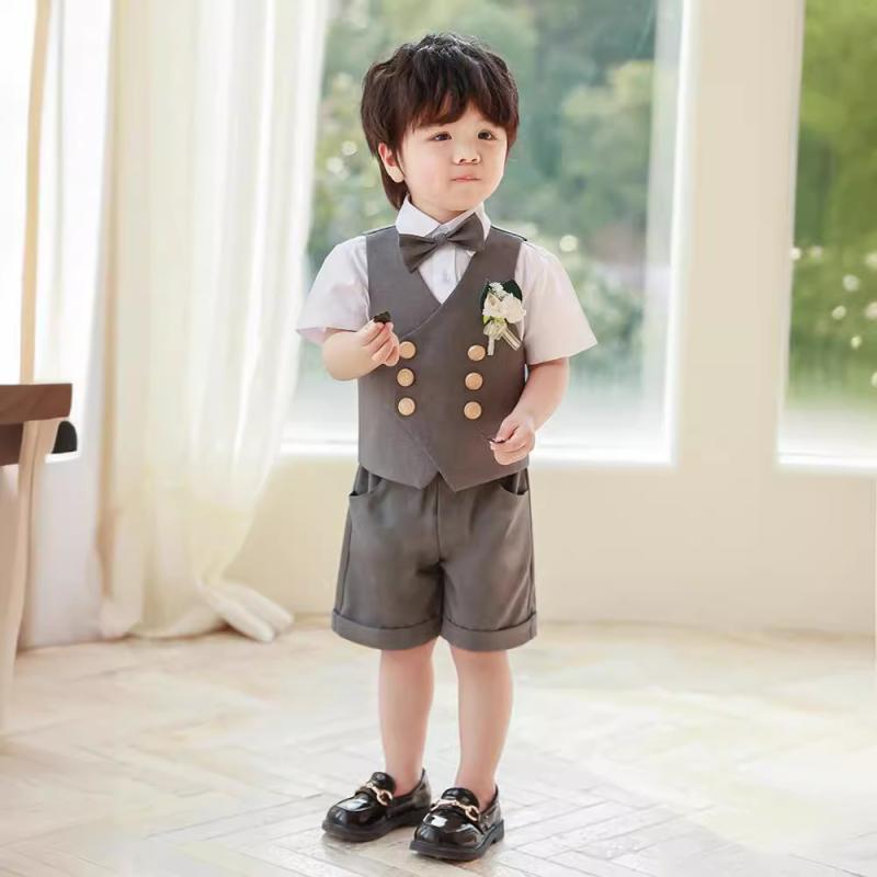 キッズ 男の子 半袖 ベスト スーツ セットアップ 夏 サマー イギリス風 ブリテッシュスタイル 発表会 結婚式 誕生日 パーティー フォーマル 礼服 リングボーイ ポリエステル 黒 グレー ネイビー
