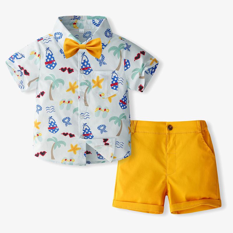 キッズ 男児 セットアップ ツーピース リゾートスタイル キャラクター ヤシの木柄 半袖シャツ ショートパンツ 綿 カジュアル 春夏