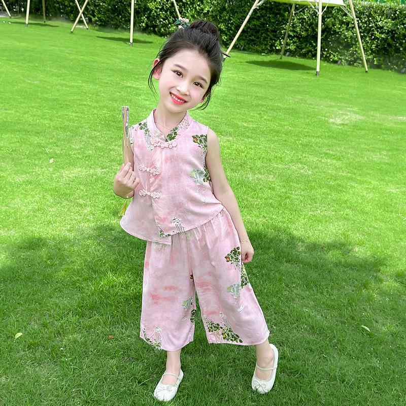 子供服 セットアップ 女の子 ガールズ 夏 サマー ノースリーブ 薄手 中華風 漢服 唐装 レトロ ワイドパンツ 綿混 2点セット ピンク
