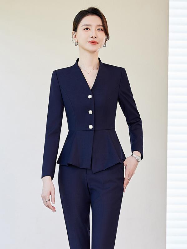 制服 レディース 美容師 エステティシャン サービス業 受付 事務服 高級感 ホテル 宝飾店 ビジネス フォーマル ジャケット パンツ スカート セットアップ 上品 エレガント スタイリッシュ 長袖 TR素材 秋冬