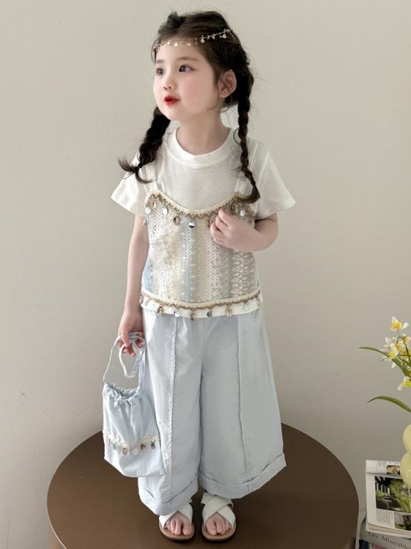 セットアップ 女の子 ガールズ 子供服 夏 サマー おしゃれ かわいい ボヘミアン カジュアル リラックス ツーピース 半袖 ショートパンツ 綿混 薄手 やわらか ライトブルー 水色