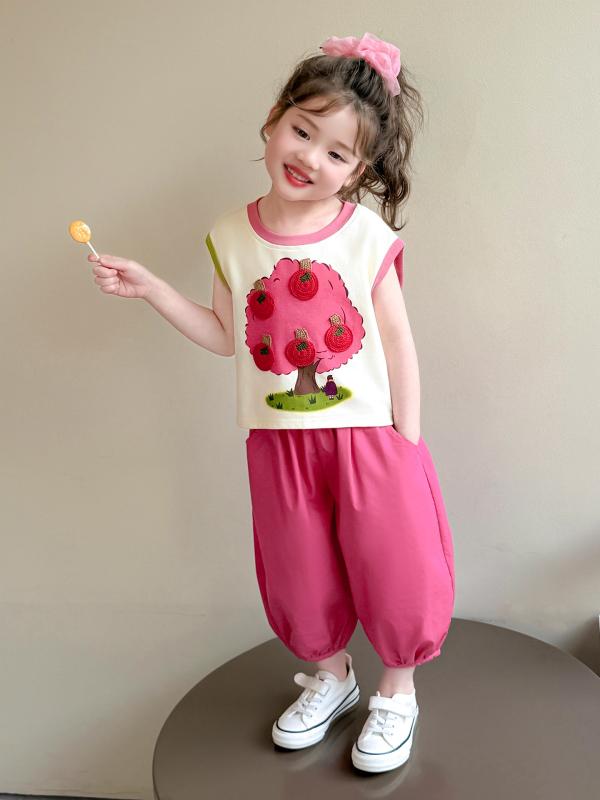 キッズ 女の子 ノースリーブ セットアップ 韓国ファッション おしゃれ かわいい 春夏 バルーンパンツ 綿混 薄手 カジュアル 2点セット ピンク系