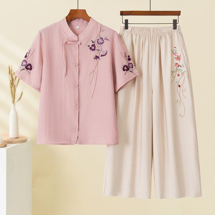 セットアップ レディース ミセス 春夏 カジュアル 上品 おしゃれ カーディガン 刺繍 レース 花柄 トップス パンツ 2点セット 薄手 ゆったり ストレート ポリエステル素材