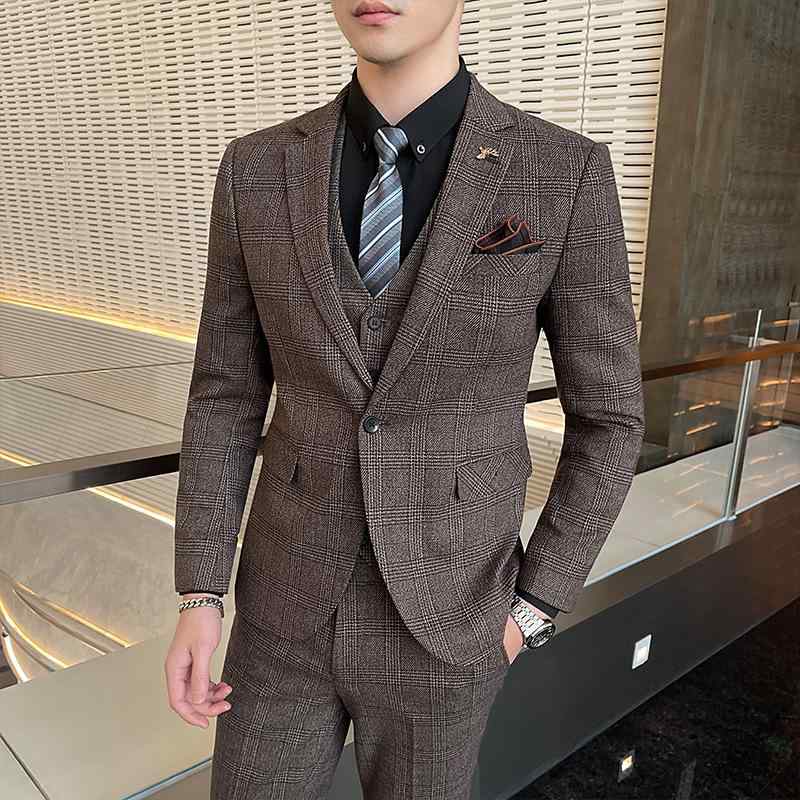 スーツ メンズ 男性用 グレンチェック柄 スリム スリーピース セットアップ ビジネス カジュアル パーティー フォーマル 結婚式 披露宴 二次会 韓国風 ポリエステル