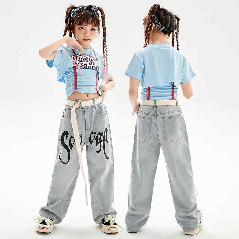 ダンスウェア キッズ 女の子 ヒップホップ ジャズ ストリート デニム ロングパンツ セットアップ 発表会 ステージ レッスン着 コットン 綿 春夏
