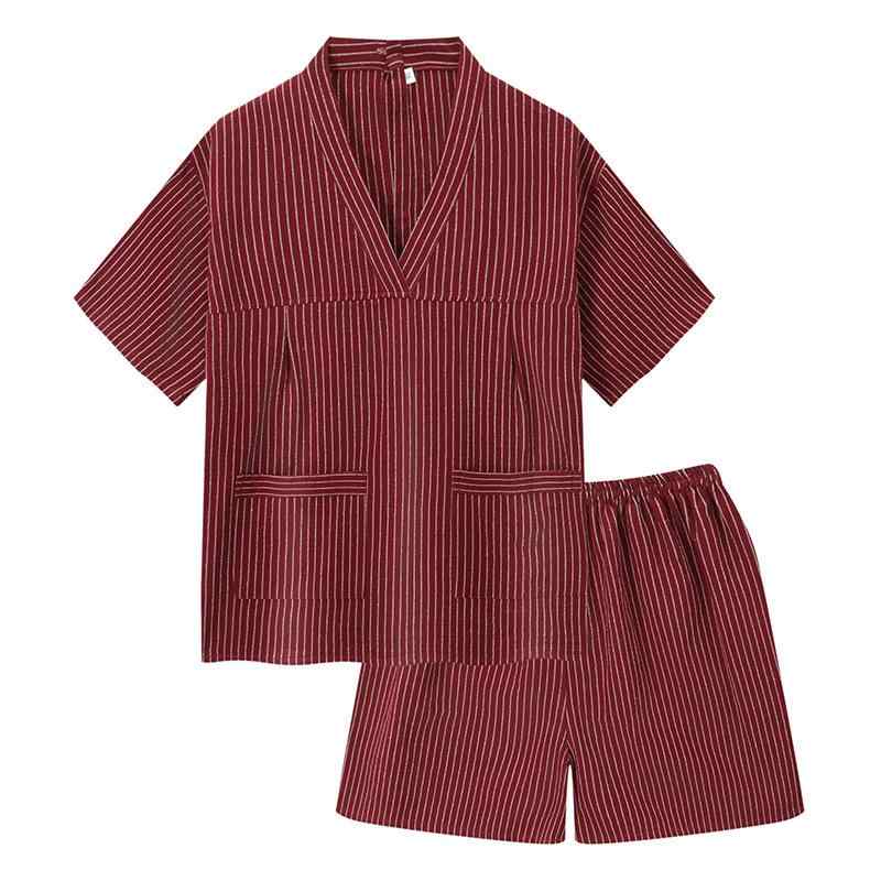 セットアップ 男女兼用 綿 コットン 背中開き 半袖 ショートパンツ ストライプ柄 艾灸 よもぎ蒸し サウナ 温浴 入浴 フットケア マッサージ 鍼灸 施術着 リラックスウェア