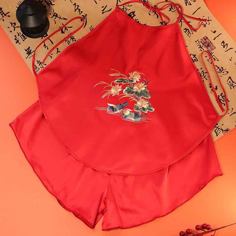 ルームウェア レディース 中国古典風 ブラトップ ショートパンツ セットアップ 蘇州刺繍 鴛鴦柄 豪華刺繍 レッド ポリエステル 薄手 快適 リラックス パジャマ 部屋着