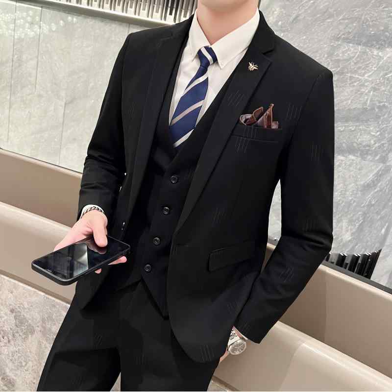 スーツ メンズ 男性用 スリーピース セットアップ 3点セット 韓国風 スリム 細身 ビジネス フォーマル 結婚式 礼服 正装 通勤 オフィスカジュアル カジュアル