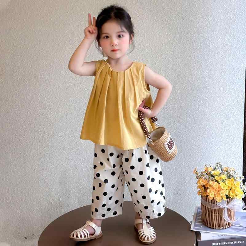 キッズ 女の子 ドット柄 セットアップ 2点セット ショートパンツ ノースリーブ 薄手 夏 韓国風 オルチャン かわいい おしゃれ 涼しい コットンブレンド ピンク オレンジ