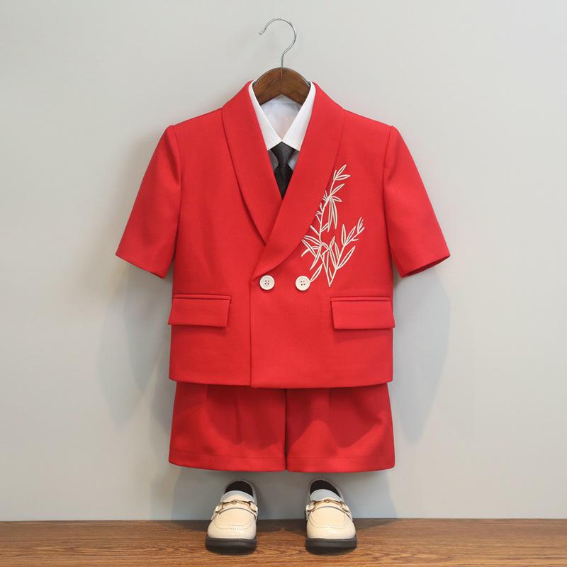 男の子 セットアップ 新中華風 漢服 刺・墸 スーツ フォーマル 発表会 イベント 舞台 衣装 フラワーボーイ 司会 結婚式 ダブルボタン エレガント ポリエステル混紡