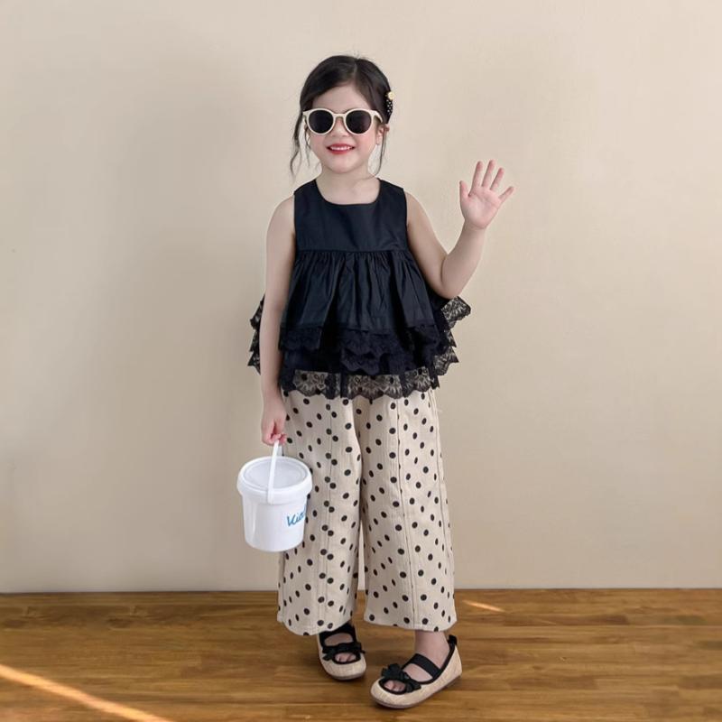 キッズ セットアップ 女の子 ガールズ 夏 ブラック ノースリーブ レース フリル ブラウス ドールブラウス Aライン ドット柄 パンツ ズボン 九分丈 かわいい おしゃれ 韓国風