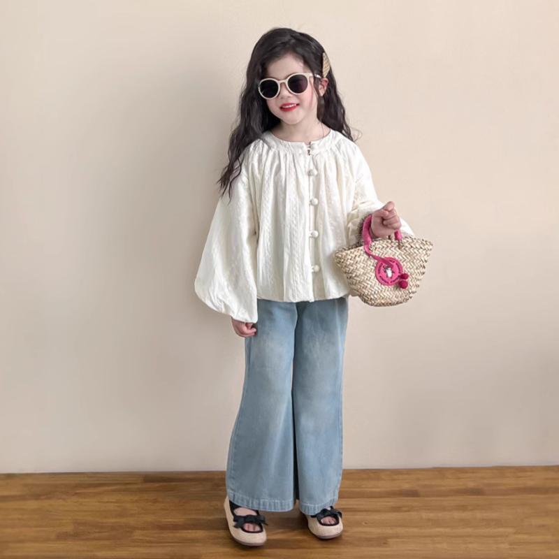 子供服 女の子 ガールズ セットアップ 韓国風 春秋 チャイナボタン レース パフスリーブ ランタンスリーブ 長袖 ブラウス デニム フレアパンツ 綿 コットン 柔らか カジュアル