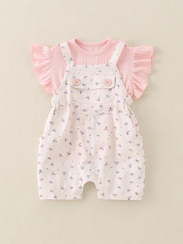 ベビーウェア 女の子 夏服 薄手 コットン サロペット セットアップ 花柄 フリル袖 トップス かわいい 愛らしい お洒落 お出かけ着 ピンク